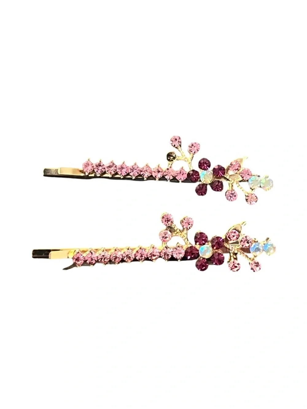 Rhinestone Floral Hair Pins - Pink Crystal Accent FINAL PRICE DROP